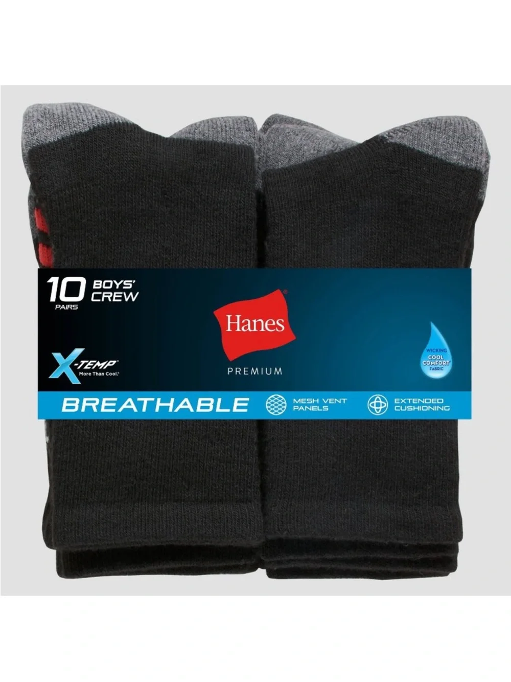 Hanes Boys' Black Crew Socks Ventilation Cushioned Heel Moisture Wicking